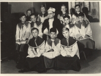 Priest Zdeněk Tadeáš Řehák with altar boys, 1955